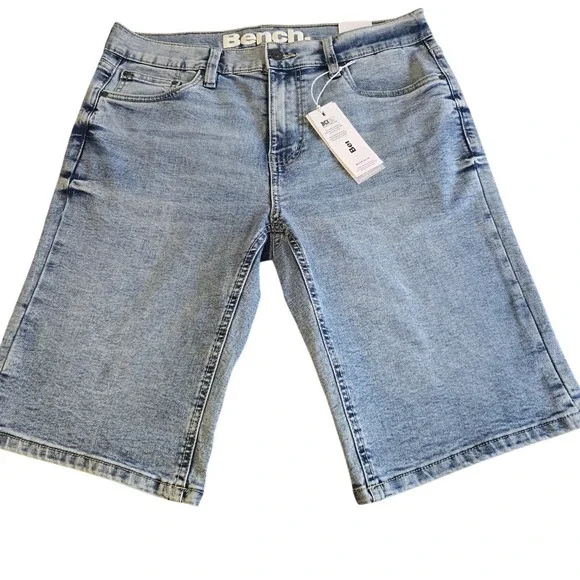 🆕️ NWT - Bench Mens Slim Fit Denim Shorts Blue Acid Wash Stretch Size 32 NWT - Picture 1 of 16
